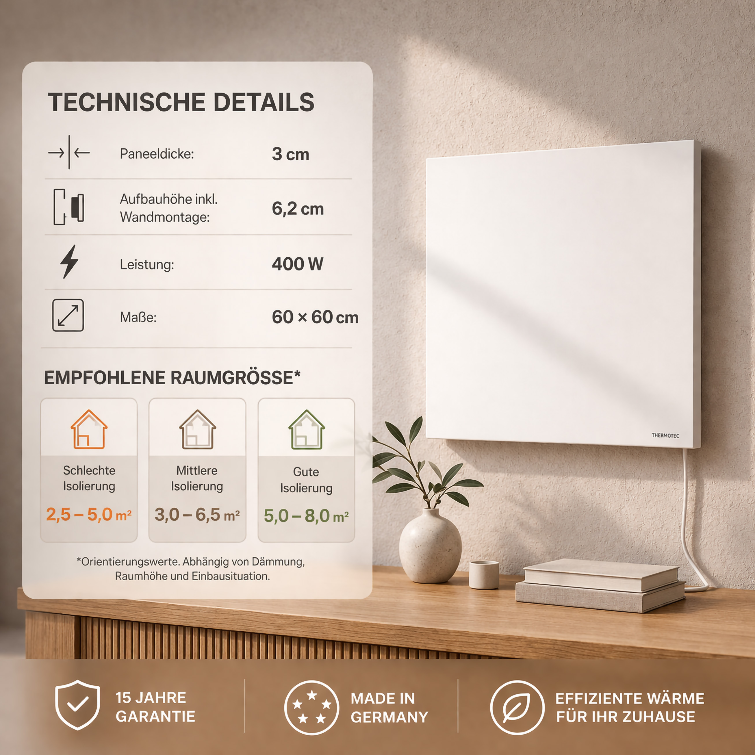 Thermotec LUMERA 400 Watt Infrarot-Heizpaneel mit X3D Funkthermostat, 60 x 60 cm